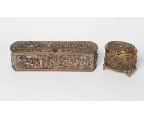 A FRENCH GILDED ORMOLU COPPER OVAL JEWELLERY CASKET, late 19th century, the top, front, back and sides with panels depicting 