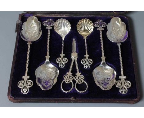 A VICTORIAN SILVER SEVEN PIECE FRUIT SERVING SET by Jehoiada Alsop Rhodes &amp; Barber, Sheffield 1877, comprising four servi