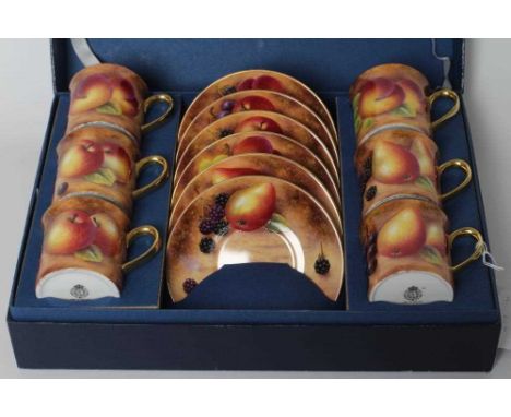 A ROYAL WORCESTER CHINA CABINET COFFEE SET, modern, painted by Steve Smith with fruit still lifes, comprising six each coffee