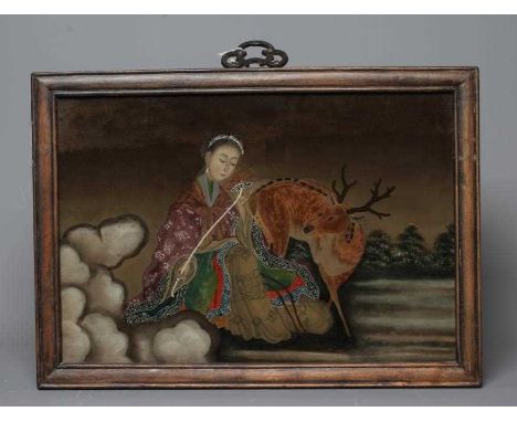 A CHINESE REVERSE PAINTING ON GLASS of a young lady in landscape holding a flower with a deer beside her, 13" x 19" (Est. plu