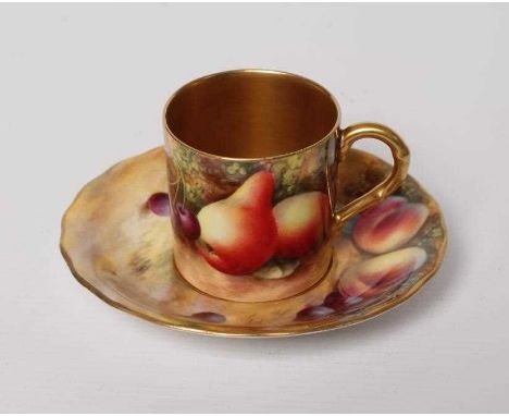 A ROYAL WORCESTER CHINA COFFEE CAN AND SAUCER, 1932 and 1926, painted by Harry Ayrton and William Bagnall with still lifes of