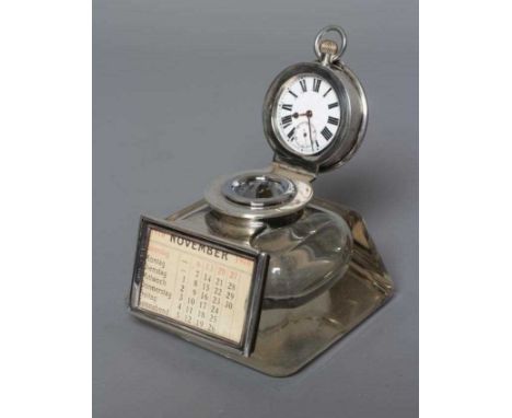 AN EDWARDIAN SILVER MOUNTED COMBINATION INKWELL/PERPETUAL CALENDAR AND WATCH HOLDER by John Grinsell &amp; Sons, Birmingham 1