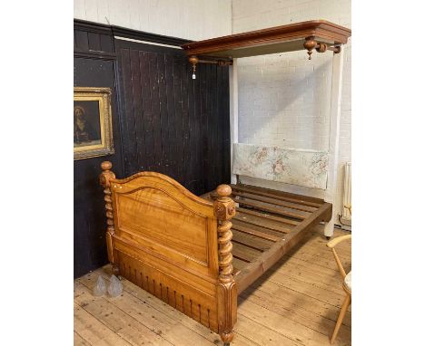 A VICTORIAN SATINWOOD HALF TESTER BED, late 19th century, the ogee moulded cornice with baluster turned pendants, arched pane