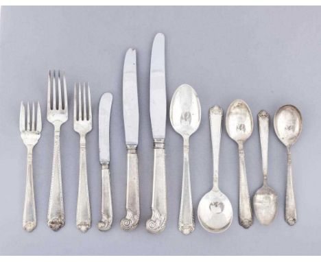 A CANADIAN SILVER TABLE SERVICE by Birks, stamped Sterling, 1950's/60's, in plain George II pattern, comprising ten each tabl