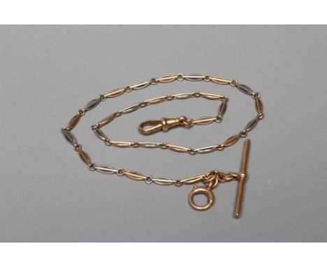 A BI-COLOUR 9CT GOLD FANCY LINK DRESS WATCH CHAIN with bar and dog-clip fastener, stamped 9ct, sponsor JG&amp;S, 13 1/4" long