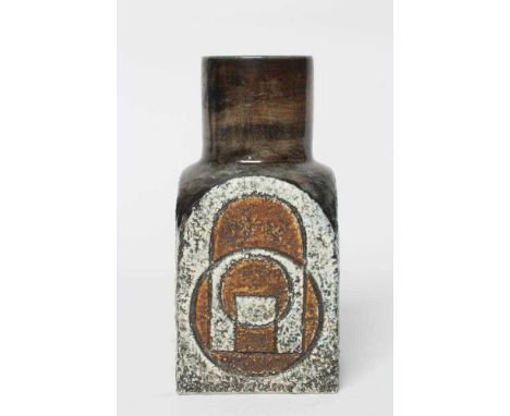 A TROIKA POTTERY SPICE JAR with typical incised panels by Jane Fitzgerald in shades of brown and grey, inscribed mark and mon