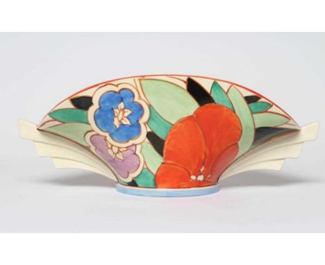 A CLARICE CLIFF FANTASQUE BIZARRE GARDENIA PATTERN POTTERY DAFFODIL BOWL, 1930's, painted in orange, green, blue and lilac, H