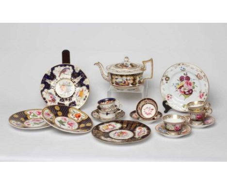 A COLLECTION OF REGENCY PORCELAIN including a Spode gadrooned teacup, two coffee cups and two saucers painted in polychrome e