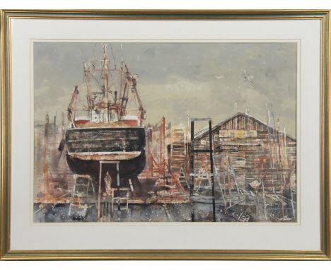 * JAMES MARSHALL DICKSON RSW, BOATYARD, ARBROATH watercolour on paper, signed, titled verso image size 55cm x 81cm, overall s