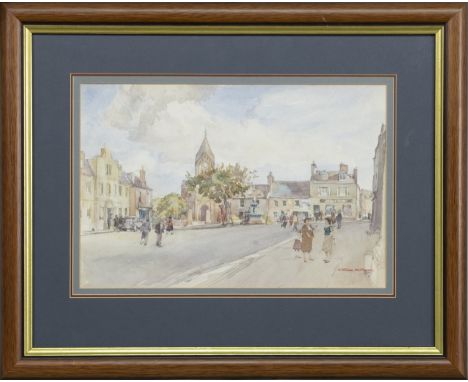 * WILLIAM MCPHERSON (SCOTTISH 1942 - 1992), AFTERNOON IN THE VILLAGE, EAST LINTON watercolour on paper, signed, titled label 