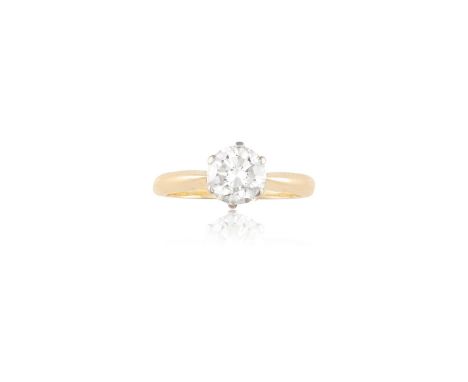 A DIAMOND SINGLE-STONE RINGThe round brilliant-cut diamond weighing 1.10cts, within a six-claw setting, to a plain hoop, moun