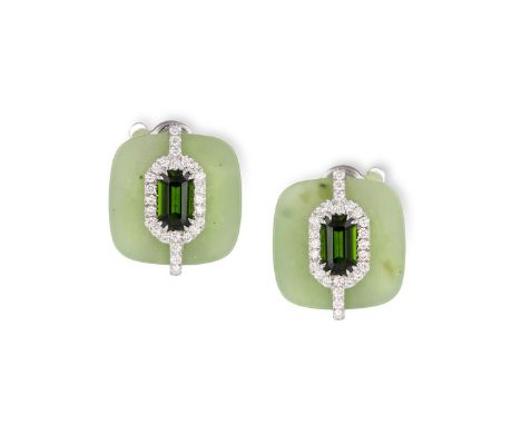 A PAIR OF JADEITE JADE, CHROME DIOPSIDE AND DIAMOND EARRINGS, BY MARGHERITA BURGENEREach polished square jadeite jade plaque 