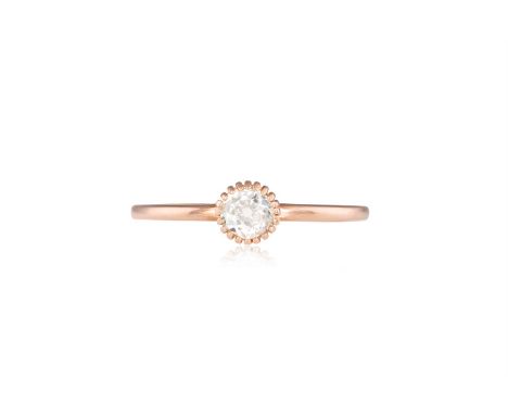 A DIAMOND RINGThe old brilliant-cut diamond within a multiple claw-setting, to a plain hoop, mounted in 18K rose gold, ring s