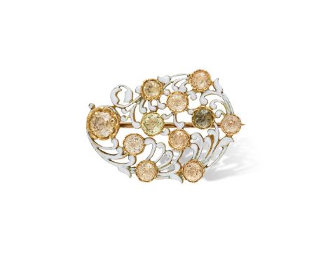 AN ART NOUVEAU GEM-SET AND ENAMEL BROOCH, BY TIFFANY & CO., CIRCA 1900The openwork oval plaque decorated with scrolled white 