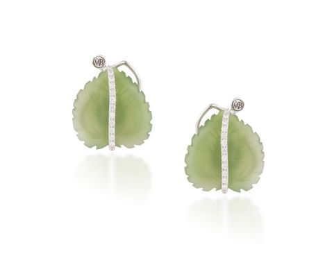 A PAIR OF JADEITE JADE AND DIAMOND EARRINGS, BY MARGHERITA BURGENEREach designed as a stylised green leaf of jadeite jade wit