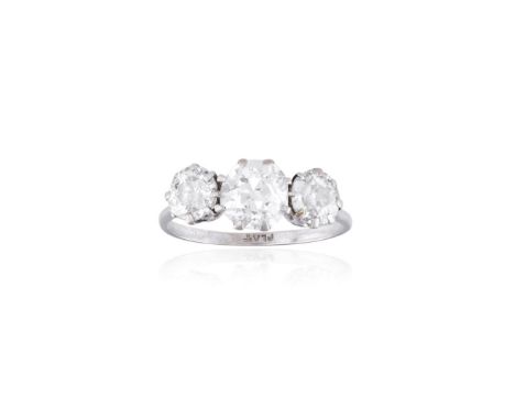 A DIAMOND THREE-STONE RINGThe central old brilliant-cut diamond weighing approximately 1.30cts between two similarly-cut diam