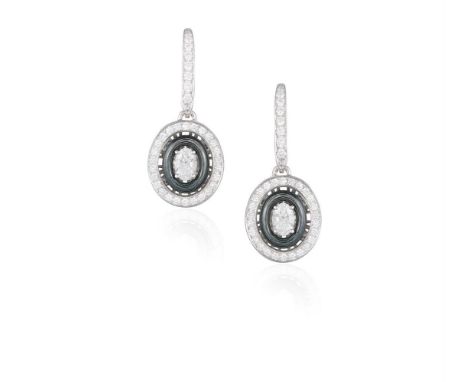 A PAIR OF DIAMOND AND ENAMEL PENDENT EARRINGS, BY VICTOR MAYEREach earring set with an oval-shaped diamond at the centre in a