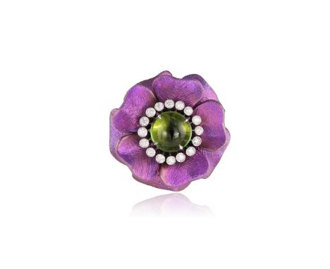 A TOURMALINE AND DIAMOND DRESS RING, BY MARGHERITA BURGENERDesigned as a flower, set with a cabochon green tourmaline at the 