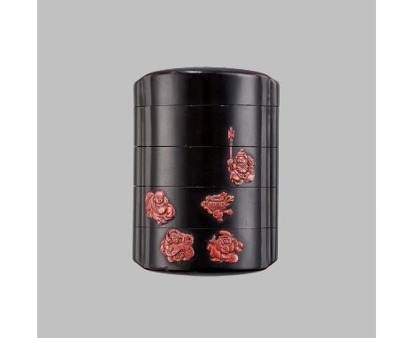 A RARE TSUISHU-INLAID LACQUER FOUR-CASE INRO WITH SHICHIFUKUJINUnsigned Japan, 19th century, Edo period (1615-1868)Of upright