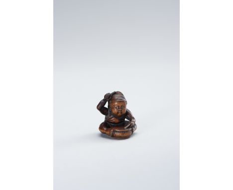 SHUMIN: A WOOD NETUSKE OF KARAKO WITH DRUMBy Shumin, signed Shumin  Japan, Edo (Tokyo), ca. 1850, Edo Period (1615-1868) The 