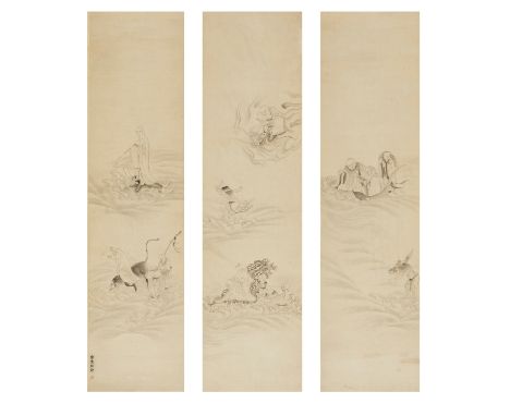 'LUOHAN TRYPTICH', JIN NONG (1687-1763)Ink on paper. The three scrolls finely painted with various depictions of luohan, incl