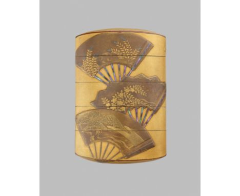 A GOLD LACQUER FOUR-CASE INRO DEPICTING FANSJapan, 19th century, Edo period (1615-1868)Of upright, rounded rectangular form, 