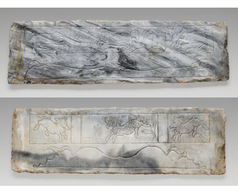 TWO 'MYTHICAL BEAST' MARBLE PANELS, FRAGMENTS OF A FUNERARY STRUCTURE, TANG TO JIN DYNASTYChina, 618-1234. Each rectangular f