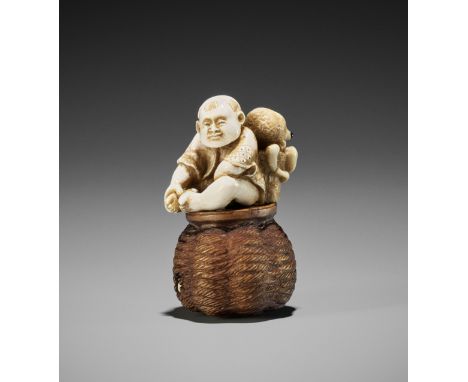 DERKACHENKO: A WOOD AND MAMMOTH IVORY SHUNGA NETSUKE OF A KARAKO WITH OCTOPUSBy Ukrainian contemporary artist Alexander Derka