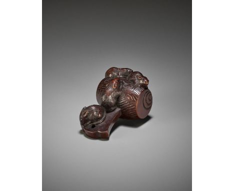 KIYOMITSU: A WOOD NETSUKE OF DAIKOKU'S MALLET OVERRUN BY RATSBy Kiyomitsu, signed Kiyomitsu 清光Japan, 19th century, Edo period
