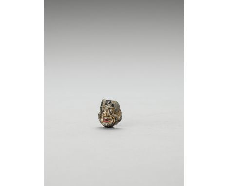 A LACQUERED WOOD MASK NETSUKE OF HOTEISignedJapan, beginning of 20th centuryA mask netsuke of the grimacing lucky deity Hotei