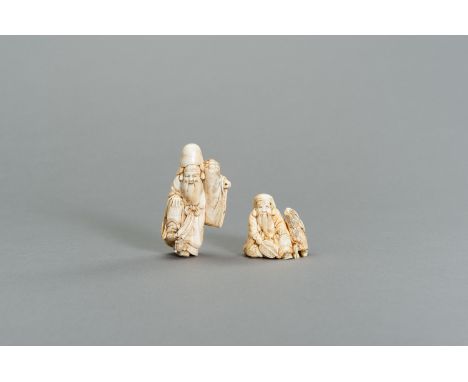 A GROUP OF TWO FINE IVORY NETSUKE OF JUROJINJapan, mid to second half of 19th centuryEach depicting the lucky god wearing a m