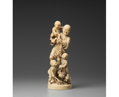 TOGA: A LARGE TOKYO SCHOOL IVORY OKIMONO OF A FISHERMAN AND THREE BOYSBy Toga, signed Toga Japan, Tokyo, Meiji period (1868-1