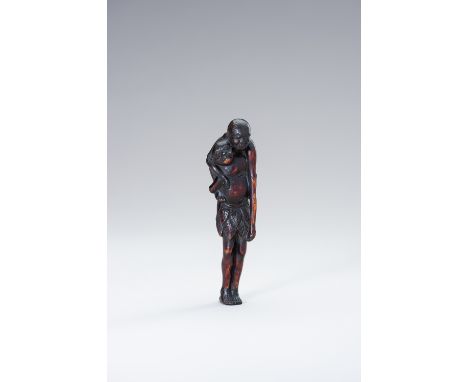 A TALL WOOD NETSUKE OF ASHINAGA AND TENAGAJapan, 19th centuryA tall wood netsuke of the legendary symbiotic yokai fishermen A