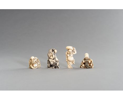 A GROUP OF FOUR IVORY NETSUKEJapan, 18th-19th century, Edo period (1615-1868)Comprising two ivory netsuke of Hotei, a walrus 