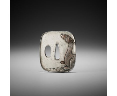 A SILVERED TSUBA WITH A RECUMBENT DEERJapan, late 19th century, Meiji period (1868-1912)Of kaku-maru-gata form with a raised 