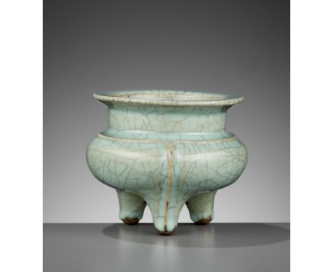 A LONGQUAN CELADON TRIPOD CENSER, SOUTHERN SONG DYNASTYChina, 1127-1279. Covered overall with a soft blue-green glaze suffuse