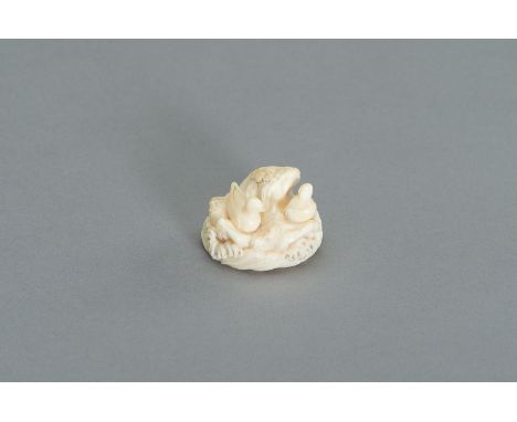 A MARINE IVORY NETSUKE OF TWO DUCKS ON A ROCKY PLINTHJapan, 19th centuryA marine ivory netsuke, depicting two ducks sitting o