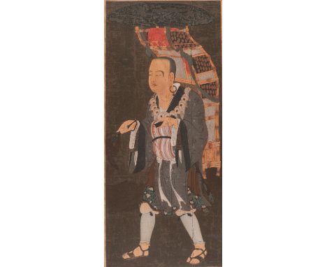 A HAND-COLORED WOODBLOCK PRINT DEPICTING XUANZANGJapan, 19th centuryPainted with ink and watercolors on paper, laid down on f