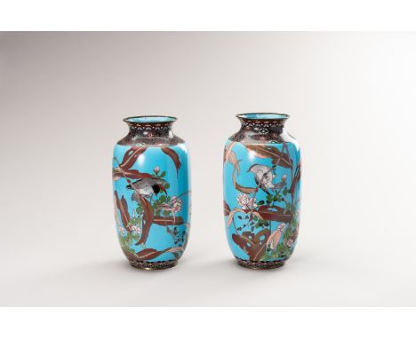 A PAIR OF TWO CLOISONNE VASES WITH BIRDS AND FLOWERSJapan, Meiji period (1868-1912) The fine pair of cloisonne vases of balus