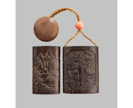 MORIMITSU: A VERY RARE COCONUT SHELL THREE-CASE SAYA INRO WITH IMMORTALSBy Morimitsu, signed Morimitsu 盛光Japan, 18th/19th cen