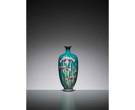 A TURQUOISE CLOISONNE ENAMEL VASE WITH IRISJapan, Meiji period (1868-1912)The baluster body rising from a short spreading foo