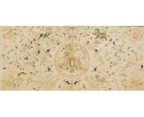 AN EMBROIDERED SILK BUDDHIST ALTAR FRONTAL, QIANLONG PERIOD China, 1736-1795. Finely worked in multicolored satin stitch, Pek