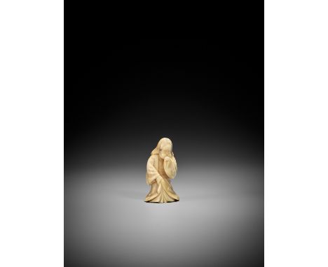 A MARINE IVORY NETSUKE OF OKAMEJapan, 19th centuryThe marine ivory netsuke of the Shinto goddess Okame, standing mischievousl