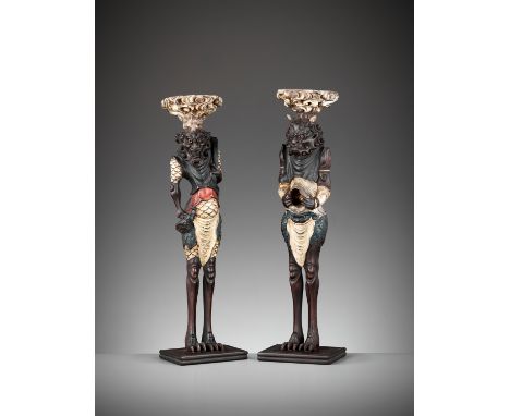 A PAIR OF PAINTED AND LACQUERED WOOD FIGURAL CANDLESTICKS DEPICTING ONIJapan, 19th centuryEach standing atop a flat rectangul