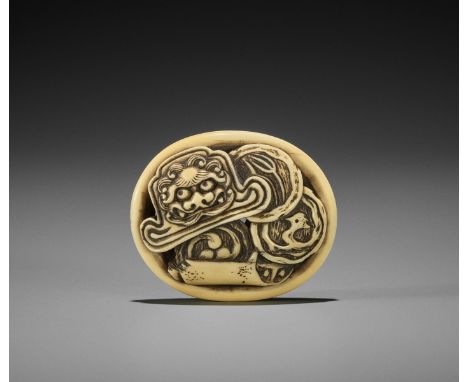 EISAI: A WALRUS IVORY RYUSA MANJU NETSUKE OF ONIGAWARABy Eisai, signed Ei 永Japan, Asakusa, Tokyo, second half of 19th century