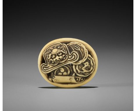 EISAI: A WALRUS IVORY RYUSA MANJU NETSUKE OF ONIGAWARABy Eisai, signed Ei 永Japan, Asakusa, Tokyo, second half of 19th century