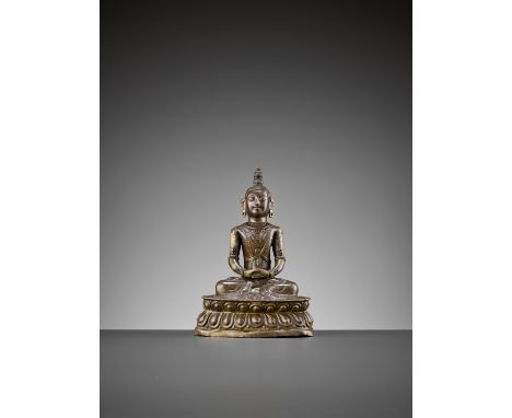 A COPPER REPOUSSE FIGURE OF BUDDHA AMITABHA, QING DYNASTY  China, 1644-1912. Executed in repousse over a solid-cast core. Sea