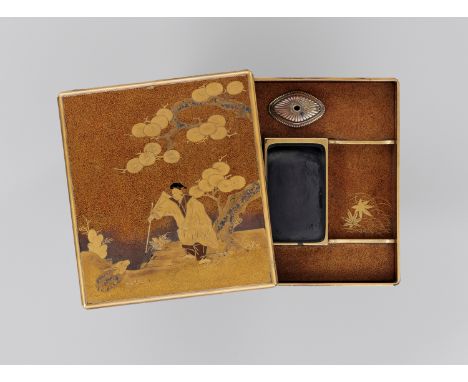 A RARE LACQUER SUZURIBAKO DEPICTING KOSHOHEIJapan, 18th century, Edo period (1615-1868)Of rectangular form with rounded corne