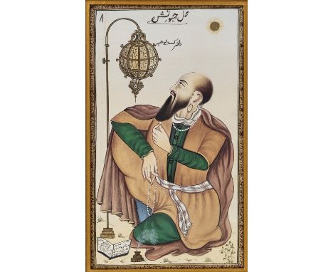 A PERSIAN MINIATURE PAINTING OF A SCHOLAR, 19TH CENTURYTempera on paper. Depicting a long-bearded literati, wearing a cloak o