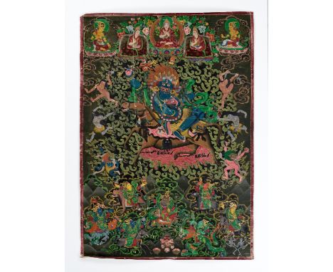 A THANGKA DEPICTING PALDEN LHAMOTibet, 19th to early 20th century. Distemper and gold on cloth. The fierce blue goddess seate